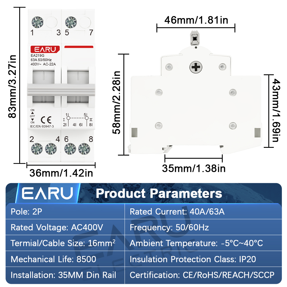EARU 2P 40A 63A AC 400V Szynow – Din Rail Circuit Breaker recenzja i cena