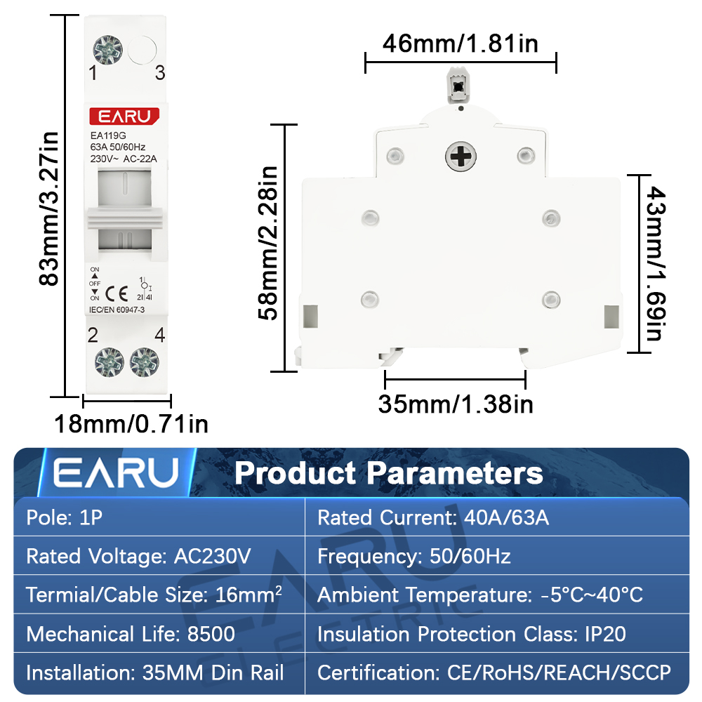 EARU 1P 40A 63A AC 230V Szynow – Din Rail Circuit Breaker recenzja i cena